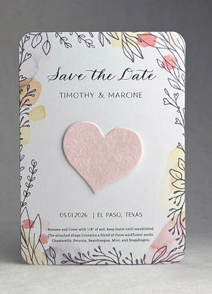 Save the Date - Card 3.5" x 4.875" With Seed Paper Heart 1.5" x 1.75" - Set of 8