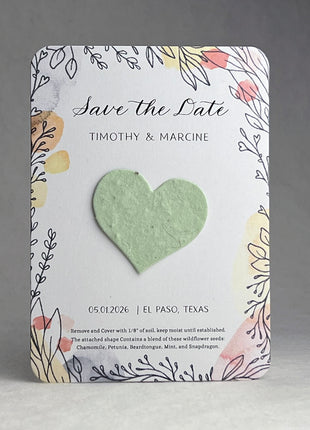 Save the Date - Card 3.5" x 4.875" With Seed Paper Heart 1.5" x 1.75" - Set of 8
