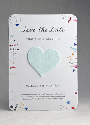 Save the Date - Card 3.5" x 4.875" With Seed Paper Heart 1.5" x 1.75" - Set of 8