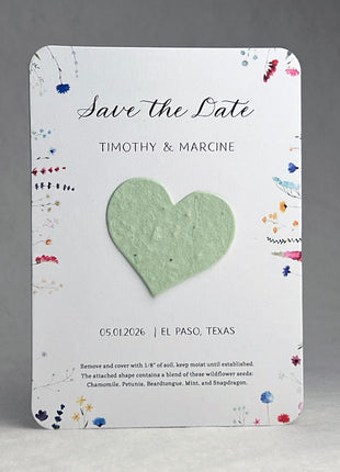 Save the Date - Card 3.5" x 4.875" With Seed Paper Heart 1.5" x 1.75" - Set of 8