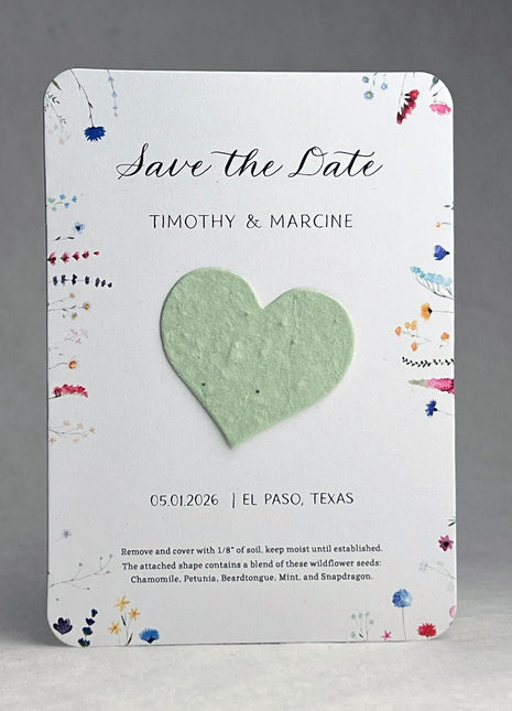 Save the Date - Card 3.5" x 4.875" With Seed Paper Heart 1.5" x 1.75" - Set of 8