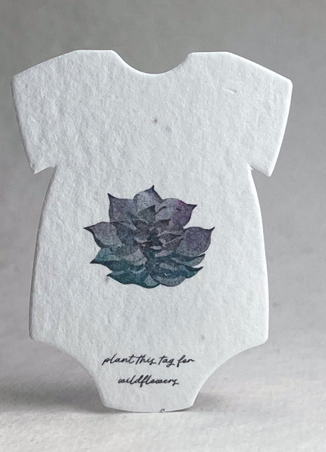 Custom, Personalized Infant Bodysuit Shape with Floral Art | Birth Announcement or Baby Shower | Wildflower Seed Paper 3" x 2" | Set of 18