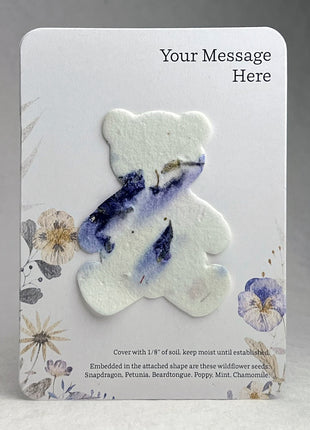 Custom, Personalized Favor - Recycled Card 3.5" x 4.875" With Seed Paper Teddy Bear 2" x 2.75" - Choose Print & Seed Paper Color - Set of 8