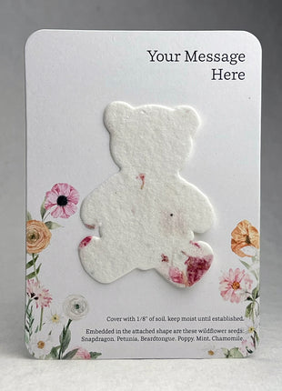 Custom, Personalized Favor - Recycled Card 3.5" x 4.875" With Seed Paper Teddy Bear 2" x 2.75" - Choose Print & Seed Paper Color - Set of 8