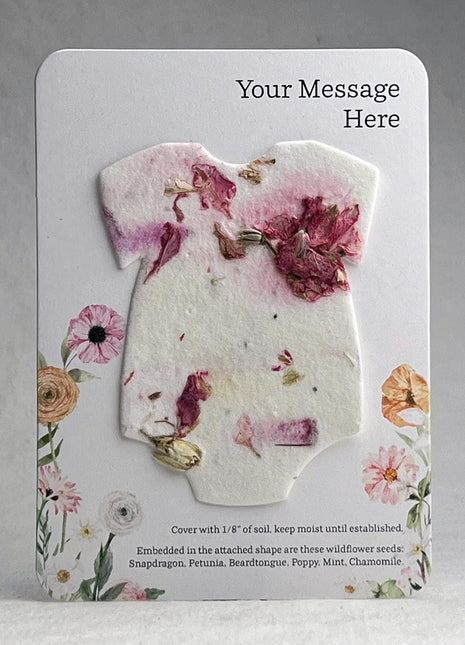 Custom, Personalized Baby Shower Favor - Card 3.5" x 4.875" w/ Seed Paper Bodysuit 2.5" x 3.25" - Choose Print and Paper Color - Set of 8