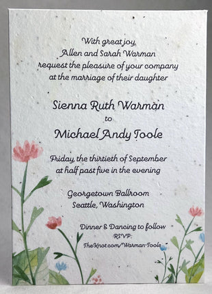Handmade Seed Paper Invitations - 5" x 7" - Pink Floral Art