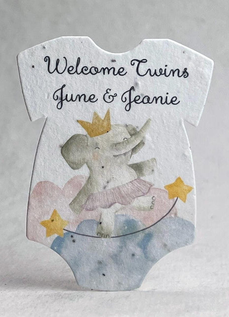 Custom, Personalized Infant Bodysuit Shape - Adorable Animals - Handmade Wildflower Seed Paper - 3.2" x 2.5" - Set of 18