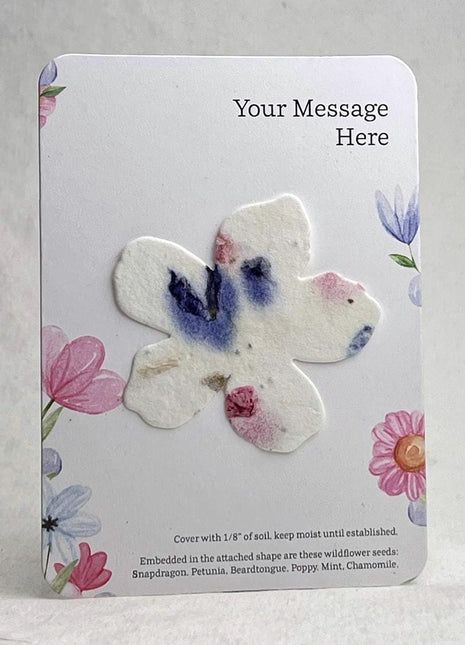 Custom, Personalized Wedding or Event Favor - Card 3.5" x 4.875" With Seed Paper Flower 2.5 x 2.4" - Choose Print and Paper Color - Set of 8