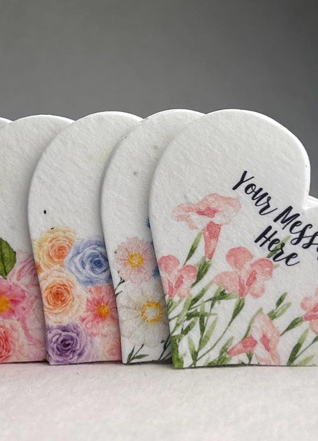 Custom Personalized Seed Paper Hearts - 2.5" x 2.85" - Floral Art - Set of 18 or 90