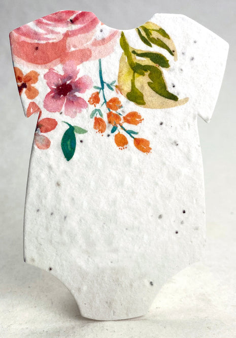 Custom, Personalized Infant Bodysuit Shape - Welcome Baby - Birth Announcement or Baby Shower - Wildflower Seed Paper 3" x 2"  - Set of 18