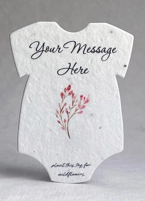 Custom, Personalized Infant Bodysuit Shape with Floral Art | Birth Announcement or Baby Shower | Wildflower Seed Paper 3" x 2" | Set of 18