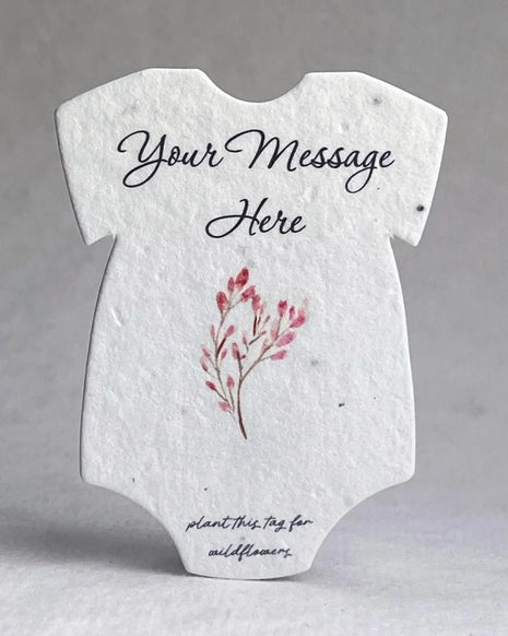 Custom Personalized Infant Bodysuit Shape with Floral Art | Birth Announcement or Baby Shower | Wildflower Seed Paper 3" x 2" | Set of 18