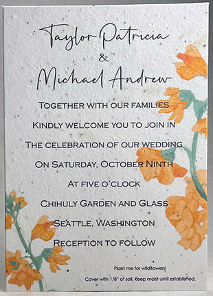 Handmade Seed Paper Invitations - 5" x 7" - Orange Blossom - Set of 4 with Envelopes