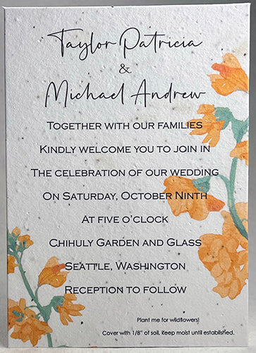 Handmade Seed Paper Invitations - 5" x 7" - Orange Blossom - Set of 4 with Envelopes