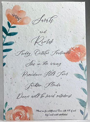 Handmade Seed Paper Invitations - 5" x 7" - Peony - Set of 4 with Envelopes